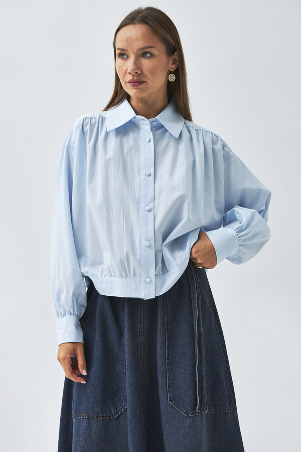 Gathered Shoulder Poplin Shirt Ice Blue - 5