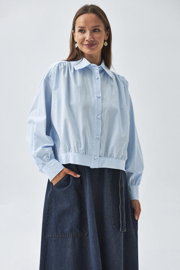 Gathered Shoulder Poplin Shirt Ice Blue - 6