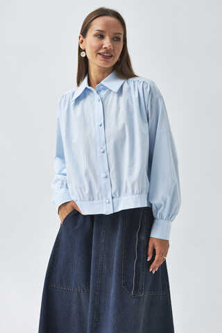 Gathered Shoulder Poplin Shirt Ice Blue - 2