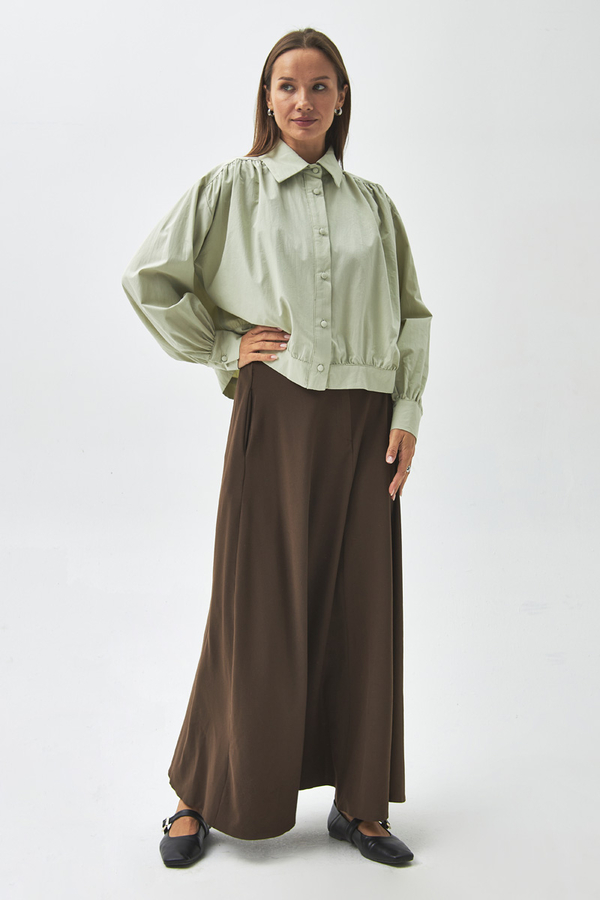 Gathered Shoulder Poplin Shirt Light Green - 3