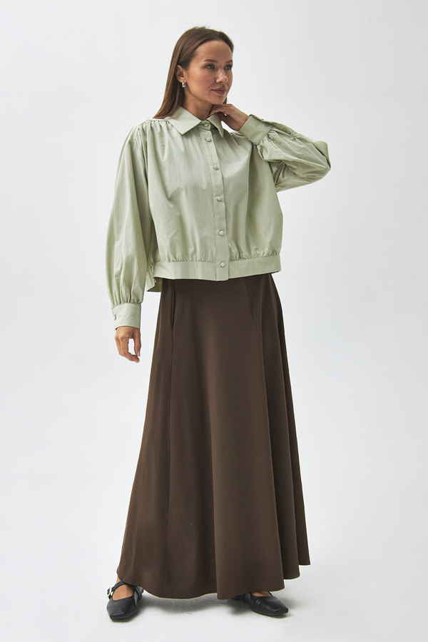 Gathered Shoulder Poplin Shirt Light Green - 4