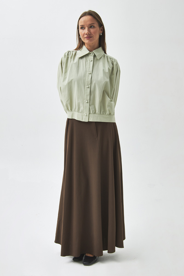 Gathered Shoulder Poplin Shirt Light Green - 6