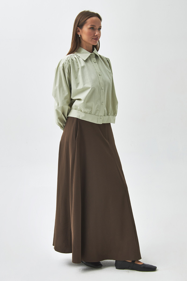 Gathered Shoulder Poplin Shirt Light Green - 7