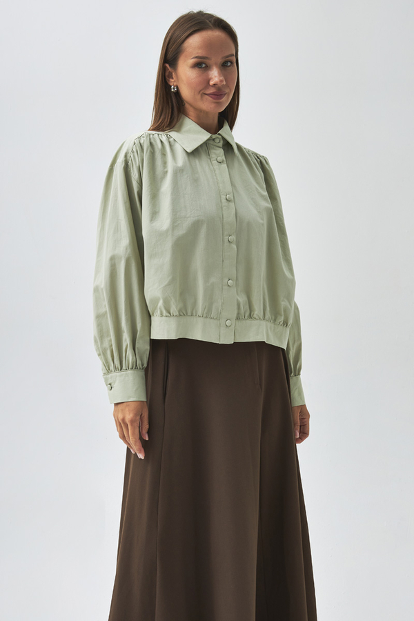 Gathered Shoulder Poplin Shirt Light Green (1)