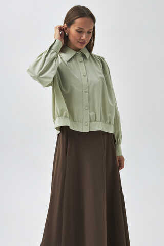 Gathered Shoulder Poplin Shirt Light Green - 5