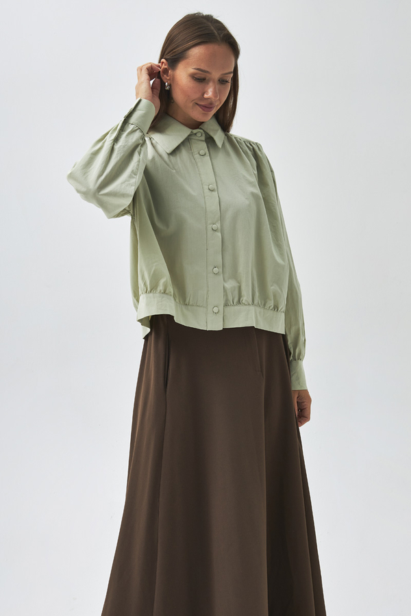 Gathered Shoulder Poplin Shirt Light Green - 5