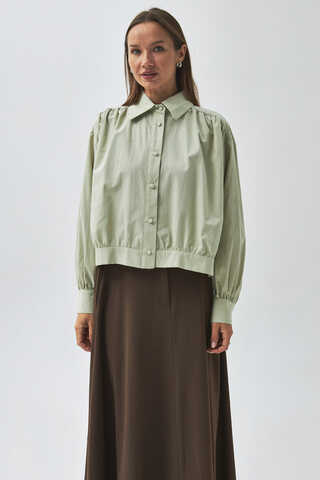 Gathered Shoulder Poplin Shirt Light Green - 9