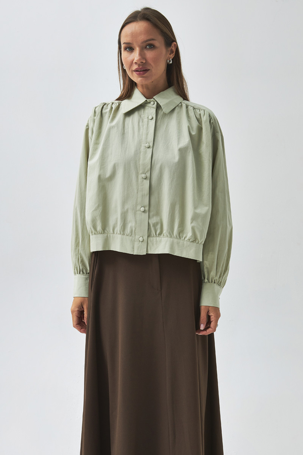 Gathered Shoulder Poplin Shirt Light Green - 9