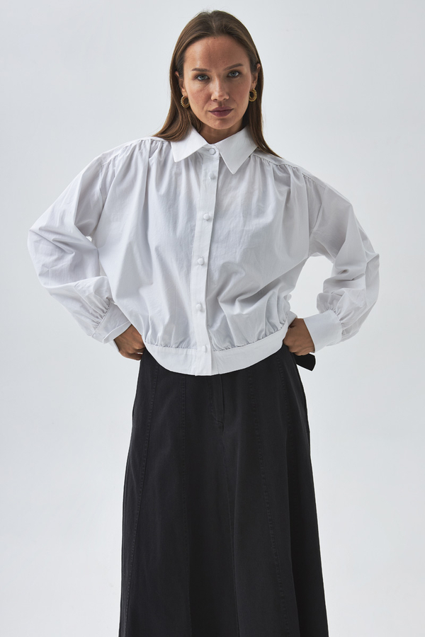 Gathered Shoulder Poplin Shirt White - 7