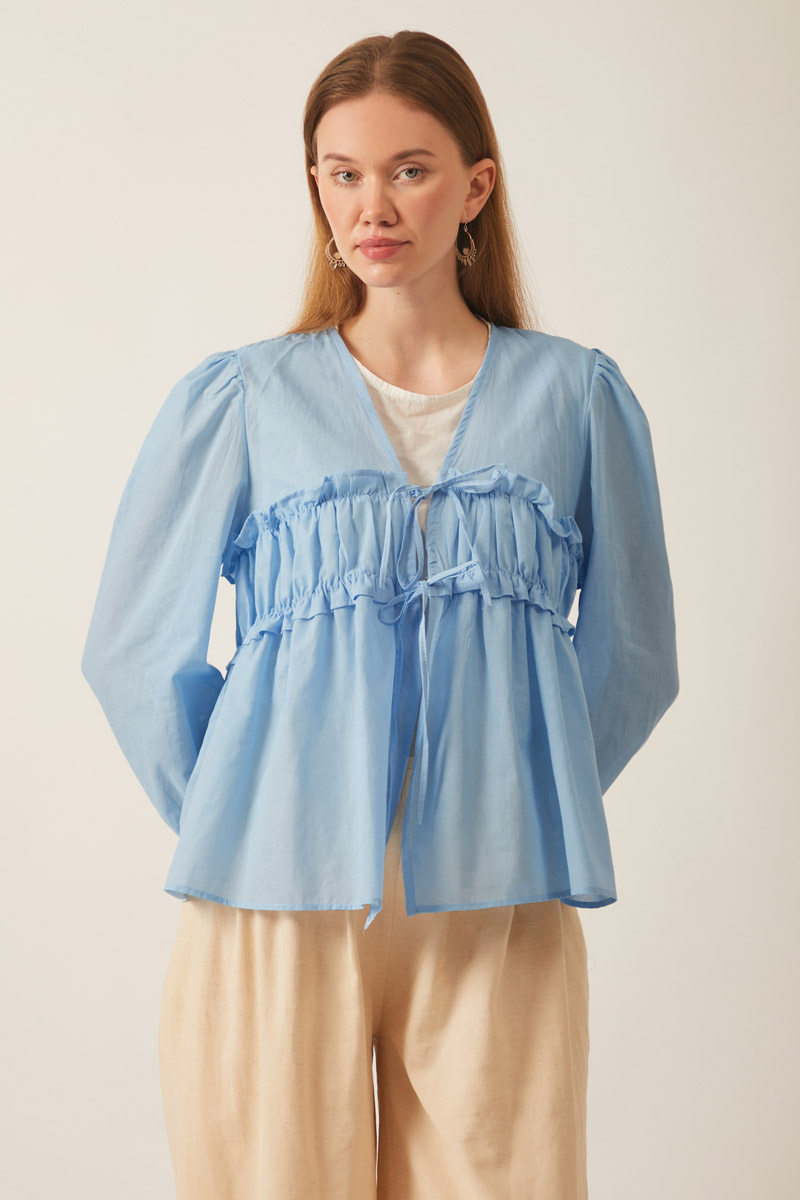 Gathered Voile Blouse Baby Blue