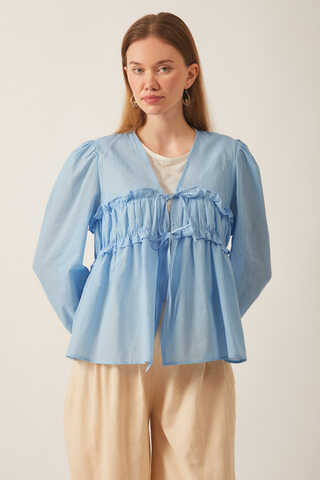 Gathered Voile Blouse Baby Blue - 1