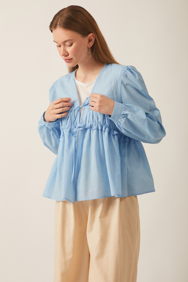 Gathered Voile Blouse Baby Blue - 10