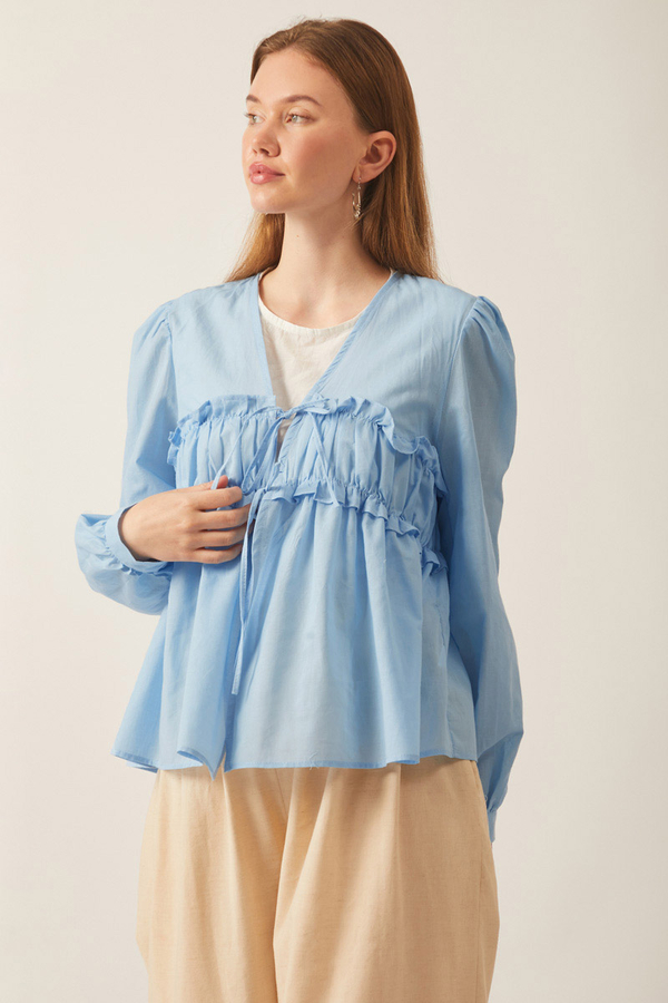 Gathered Voile Blouse Baby Blue - 3