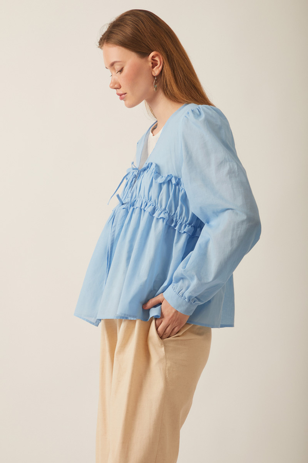 Gathered Voile Blouse Baby Blue - 11