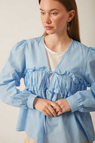 Gathered Voile Blouse Baby Blue - 7