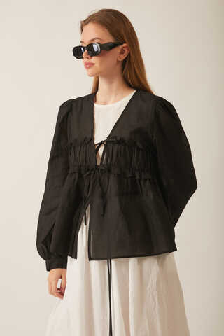 Gathered Voile Blouse Black - 5