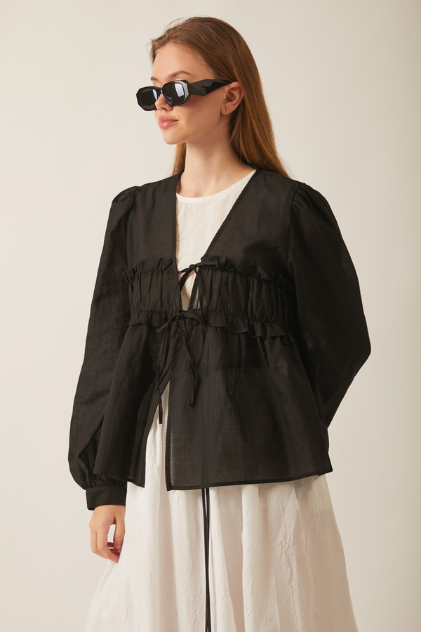 Gathered Voile Blouse Black - 5
