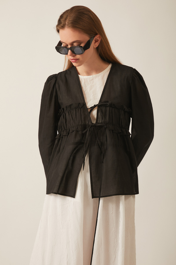 Gathered Voile Blouse Black - 7