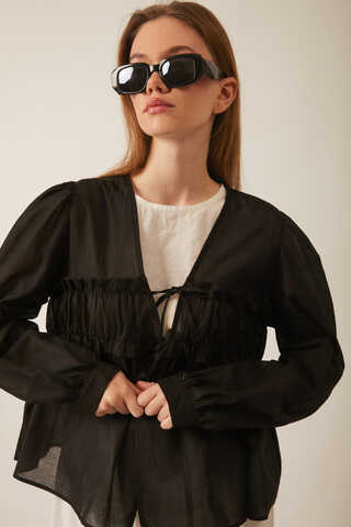 Gathered Voile Blouse Black - 2