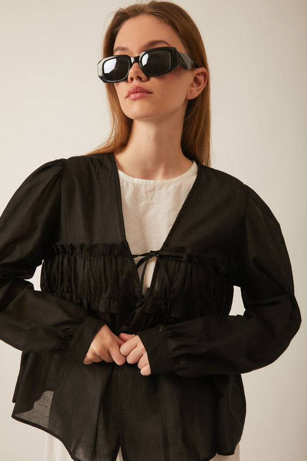 Gathered Voile Blouse Black - 2
