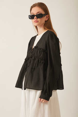 Gathered Voile Blouse Black - 8