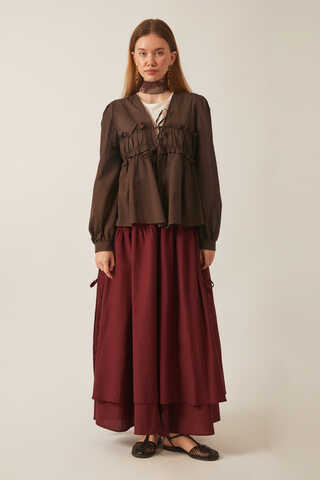 Gathered Voile Blouse Brown - 4