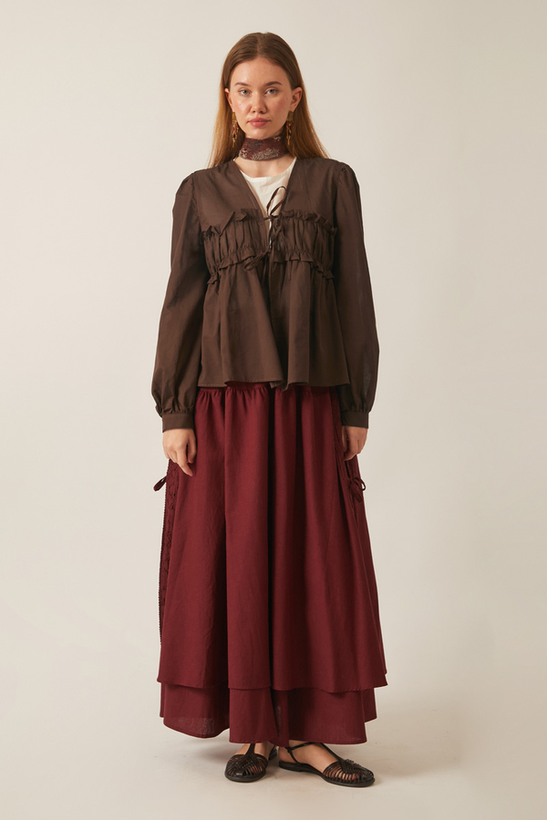 Gathered Voile Blouse Brown - 4