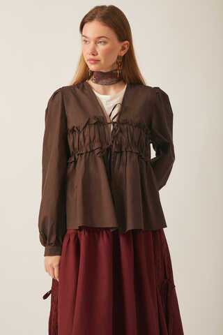 Gathered Voile Blouse Brown - 3