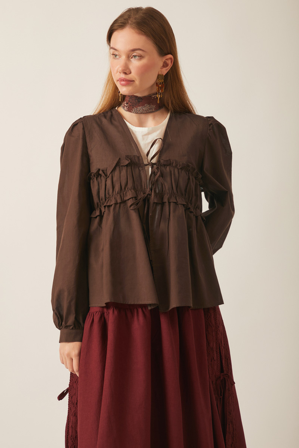 Gathered Voile Blouse Brown - 3