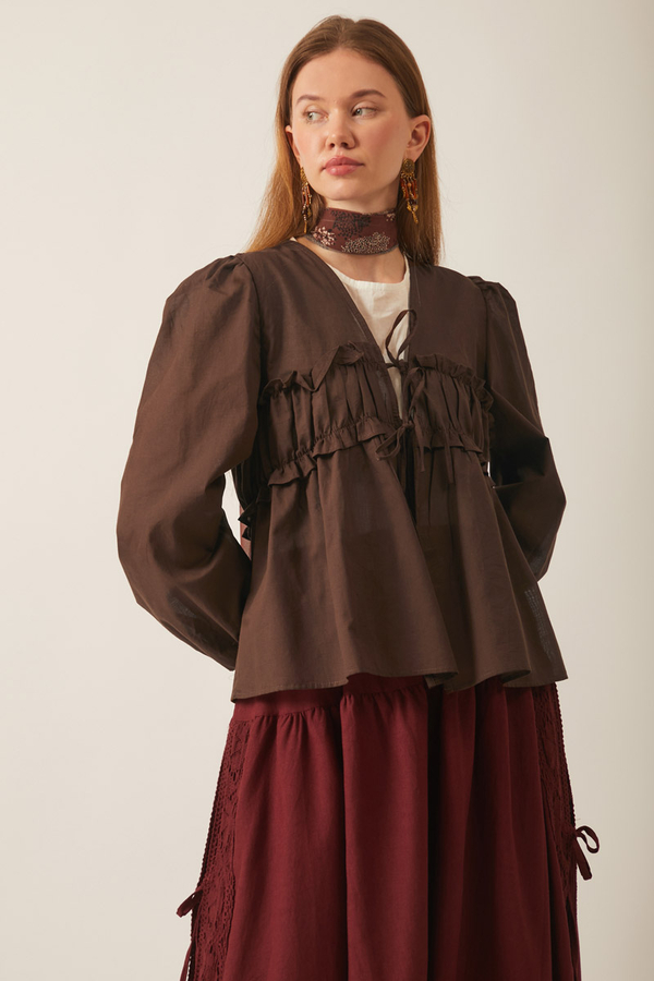 Gathered Voile Blouse Brown - 5