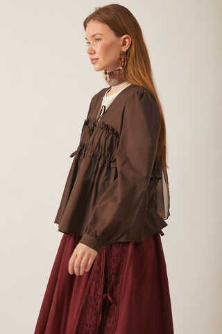Gathered Voile Blouse Brown - 6