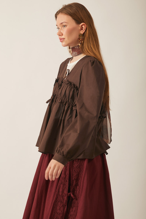 Gathered Voile Blouse Brown - 6