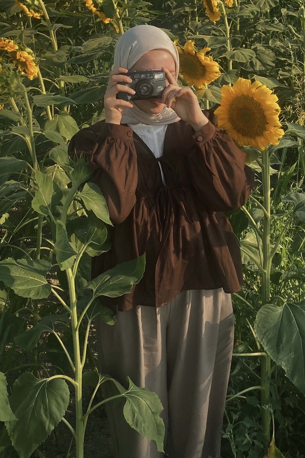 Gathered Voile Blouse Brown