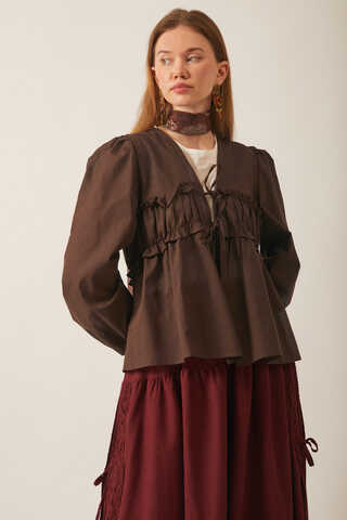 Gathered Voile Blouse Brown - 5