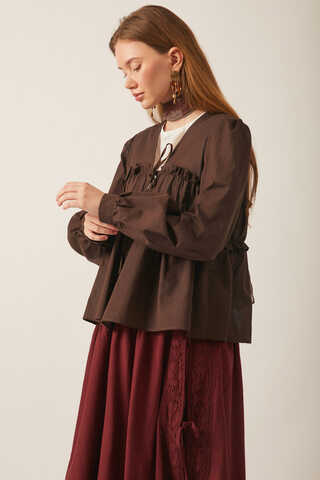 Gathered Voile Blouse Brown - 7