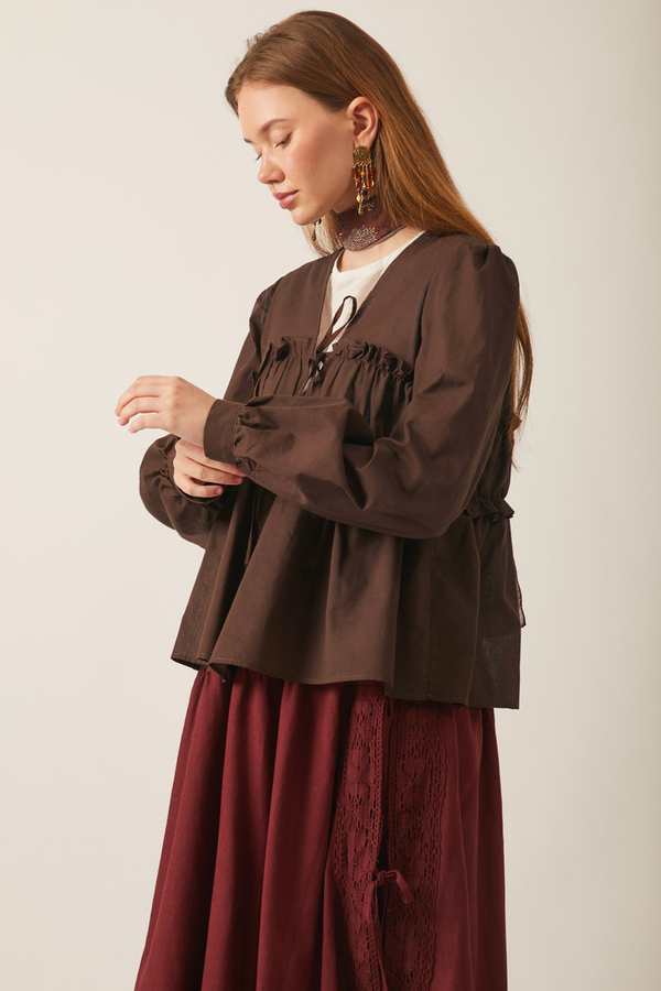 Gathered Voile Blouse Brown - 7