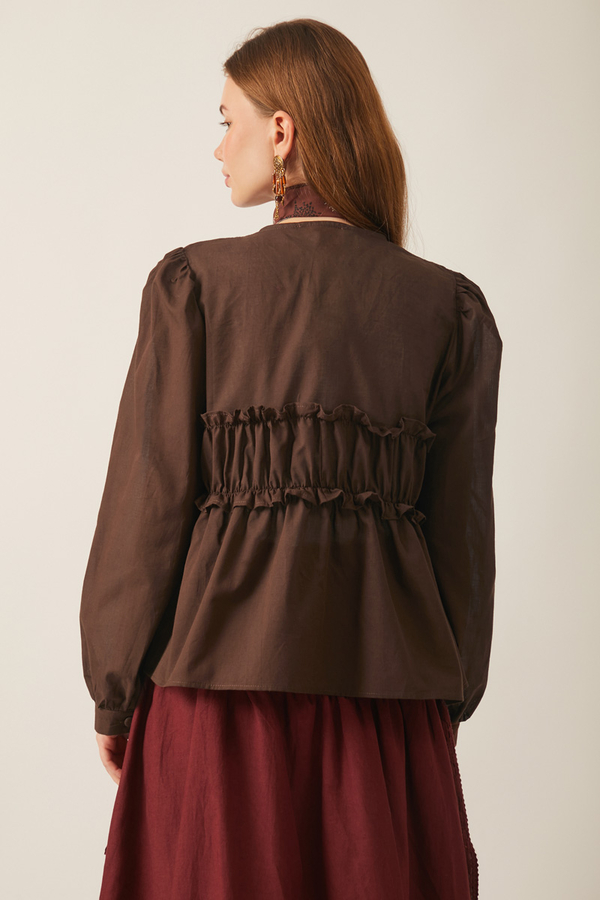 Gathered Voile Blouse Brown - 12
