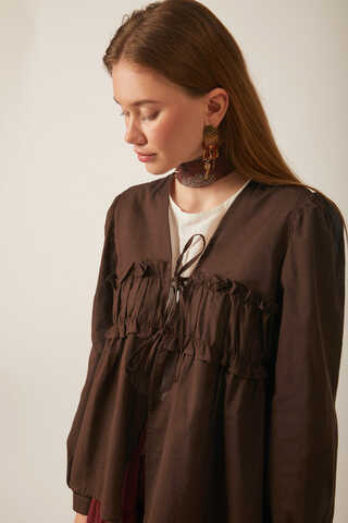 Gathered Voile Blouse Brown - 10