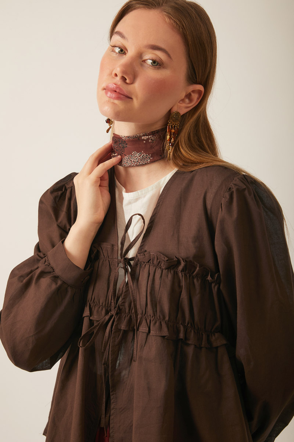 Gathered Voile Blouse Brown - 11