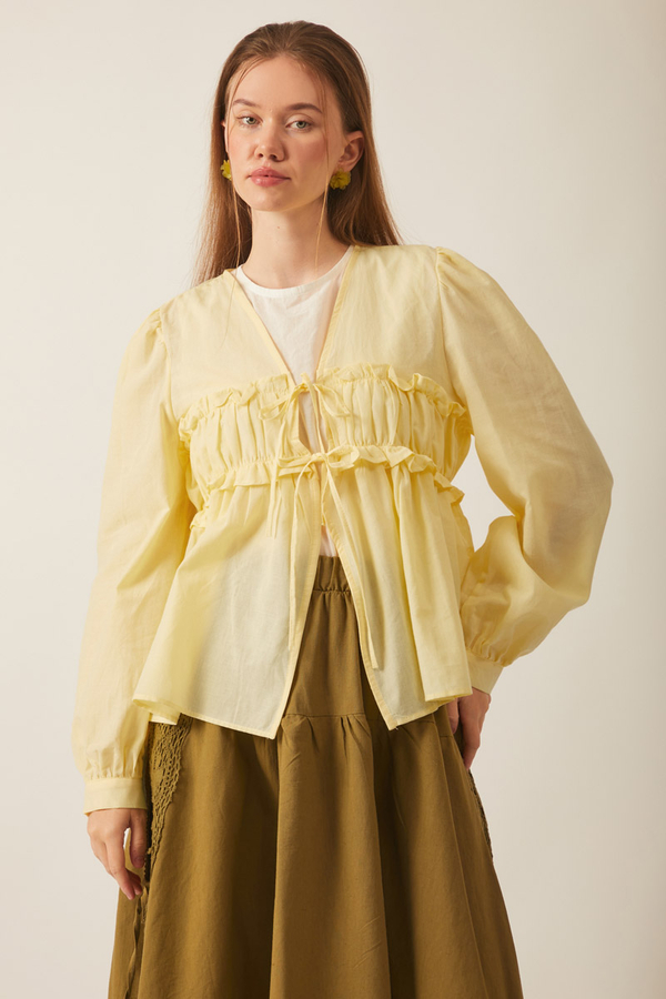 Gathered Voile Blouse Butter Yellow - 8