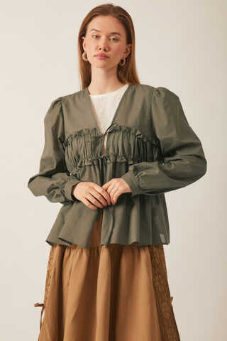 Gathered Voile Blouse Khaki - 4