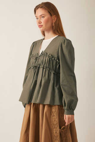 Gathered Voile Blouse Khaki - 1
