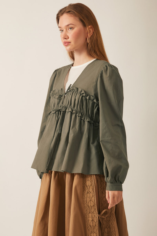 Gathered Voile Blouse Khaki