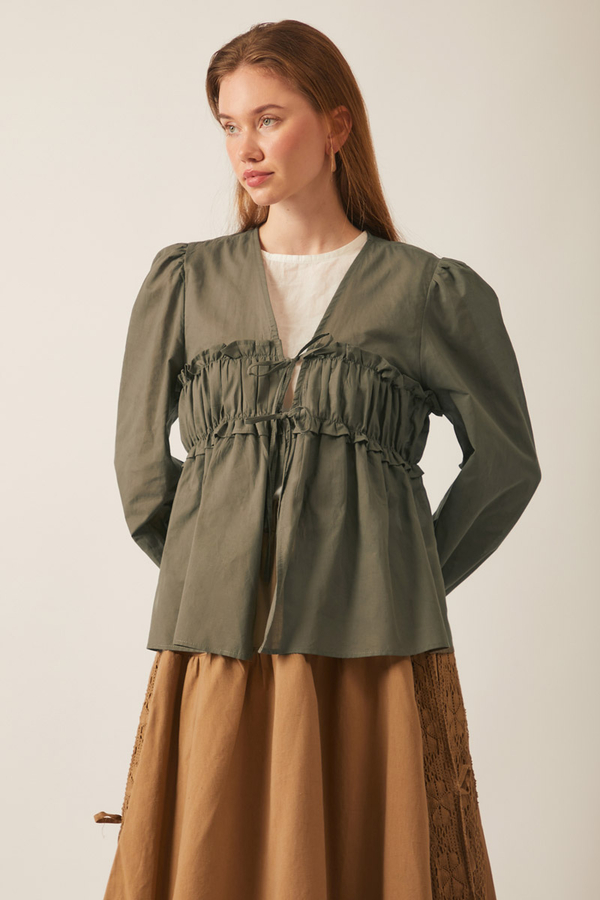 Gathered Voile Blouse Khaki - 5