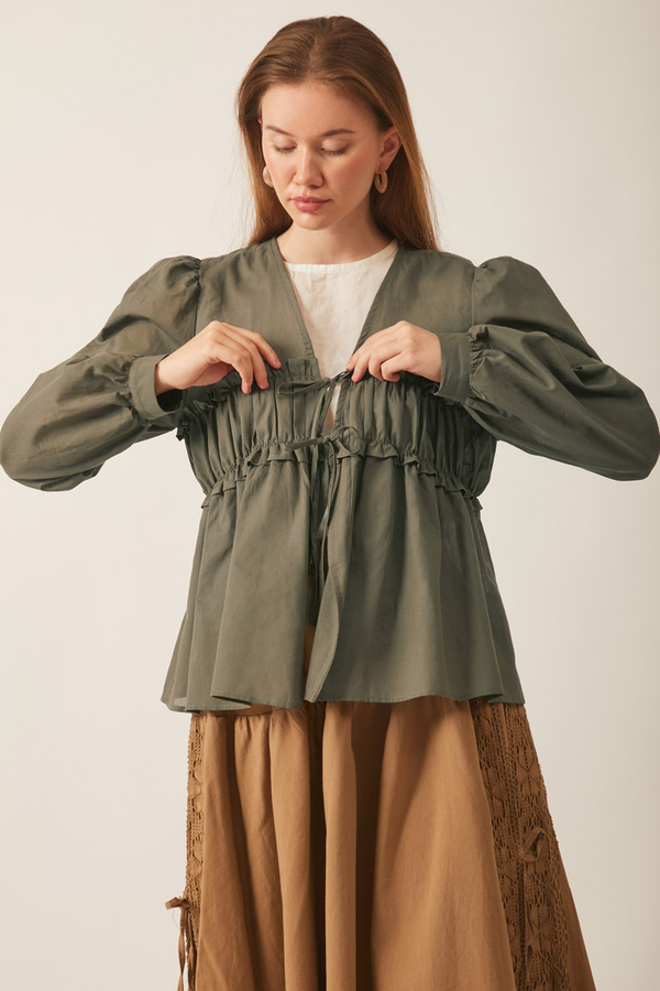 Gathered Voile Blouse Khaki - 6