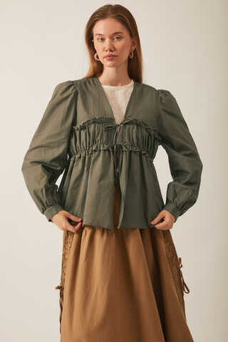 Gathered Voile Blouse Khaki - 7