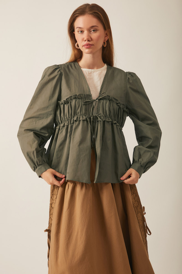 Gathered Voile Blouse Khaki - 7