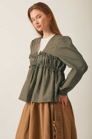 Gathered Voile Blouse Khaki - 9