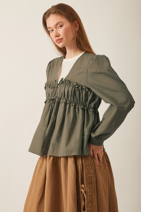 Gathered Voile Blouse Khaki - 9