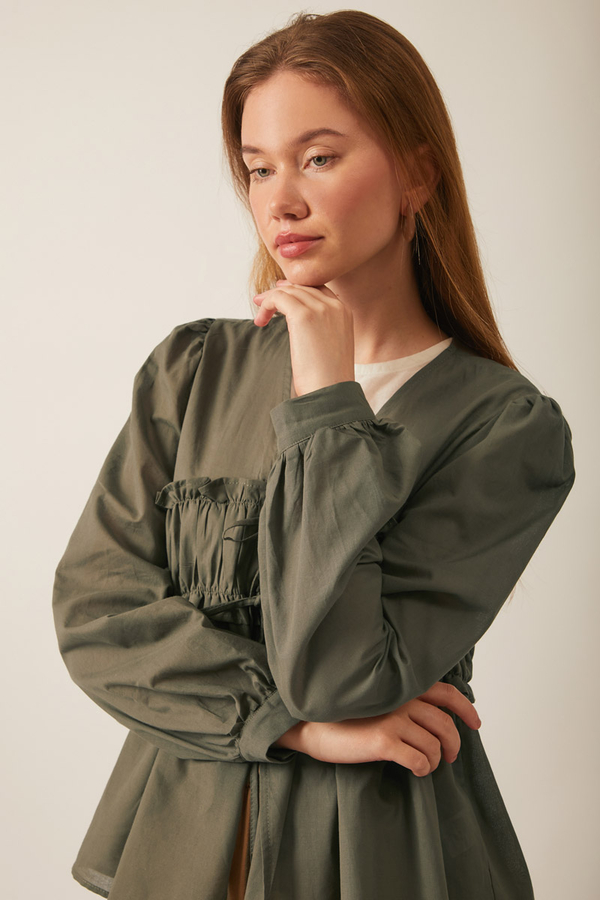 Gathered Voile Blouse Khaki - 12